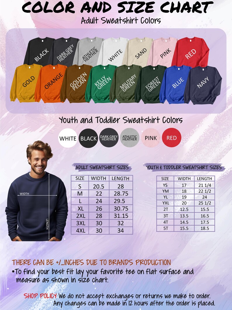 May include: Color and size chart for adult and youth sweatshirts. Includes a color palette with options like black, gold, orange, and navy. Size charts are provided in inches for both adult and youth sizes.
