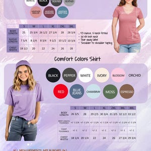 May include: A color and size chart for a woman's V-neck shirt. The chart includes color swatches, size measurements in inches, and a list of shirt features. Colors include white, black, and heathered tones. Sizes range from S to 3XL.