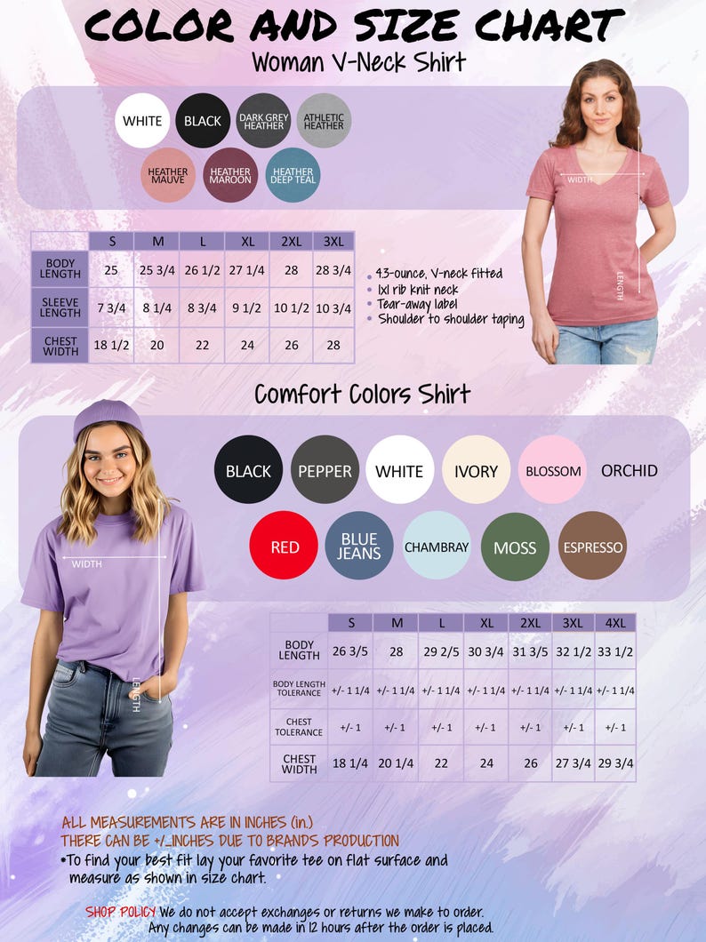May include: A color and size chart for a woman's V-neck shirt. The chart includes color swatches, size measurements in inches, and a list of shirt features. Colors include white, black, and heathered tones. Sizes range from S to 3XL.