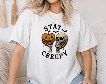 Stay Creepy Shirt, Women's Halloween Shirt, Cute Skeleton Hands Shirt, Funny Halloween Outfit, Skull T-Shirt, Retro Spooky Season Shirt