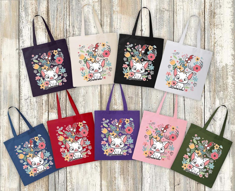 Może przedstawiać: Kolekcja toreb typu tote w r&oacute;żnych kolorach, każda z motywem świnki z kresk&oacute;wki otoczonej elementami kwiatowymi. Torby są w kolorach granatowym, kremowym, czarnym, białym, niebieskim, czerwonym, fioletowym, r&oacute;żowym i oliwkowym.