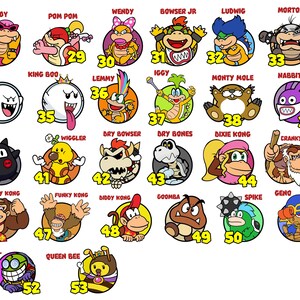 May include: A collection of colorful cartoon character portraits from the Super Mario franchise, each set within a circular frame and numbered. Characters include Roy, Pom Pom, Wendy, Bowser Jr., Ludwig, Morton, Boo, King Boo, Lemmy, Iggy, Monty Mole, Nabbit, Ninji, Wiggler, Dry Bowser, Dry Bones, Dixie Kong, Cranky Kong, Donkey Kong, Funky Kong, Diddy Kong, Goomba, Spike, Geno, and Flawful.
