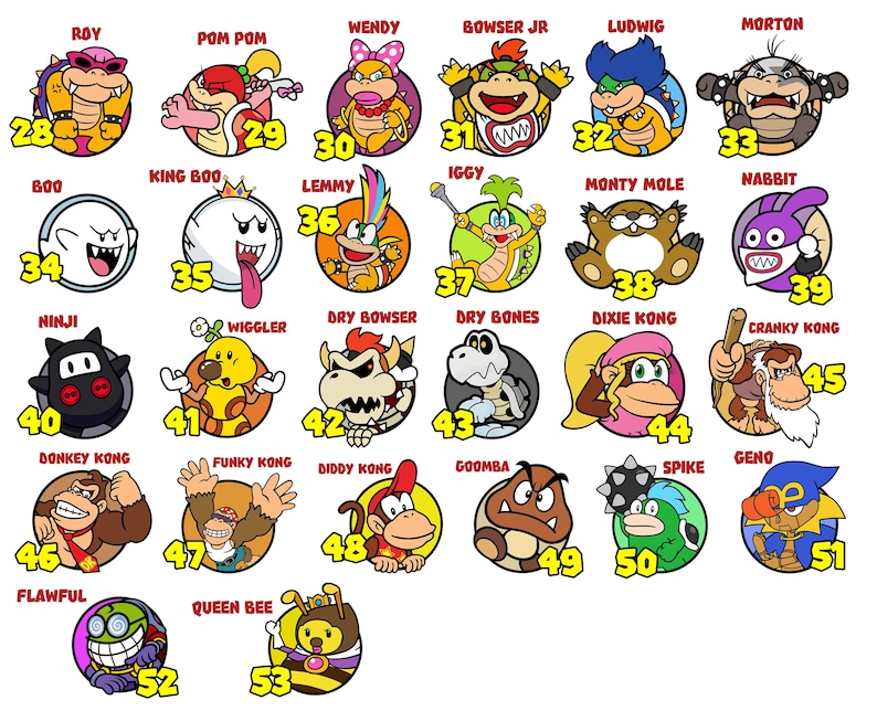 May include: A collection of colorful cartoon character portraits from the Super Mario franchise, each set within a circular frame and numbered. Characters include Roy, Pom Pom, Wendy, Bowser Jr., Ludwig, Morton, Boo, King Boo, Lemmy, Iggy, Monty Mole, Nabbit, Ninji, Wiggler, Dry Bowser, Dry Bones, Dixie Kong, Cranky Kong, Donkey Kong, Funky Kong, Diddy Kong, Goomba, Spike, Geno, and Flawful.