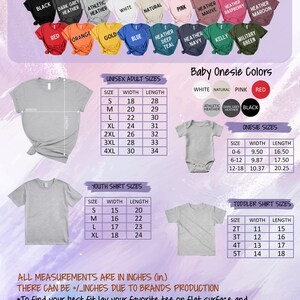 May include: Color and size chart for unisex adult, youth, and toddler t-shirts. Includes a color palette with options like black, red, and blue. Size charts are provided in inches for various sizes of shirts and onesies.