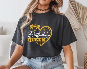Birthday Queen Shirt, Gold Glitter Crown T-Shirt, Cute Heart Birthday Graphic Shirt, Girls Night Out Shirt, Bachelorette Party Shirt