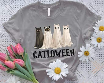 Catloween Shirt, Ghost Cat Shirt, Cat Ghost Kids T-Shirt, Cute Cat Lovers Shirt, Retro Ghost Cat Halloween Shirt, Catloween Kids Sweatshirt