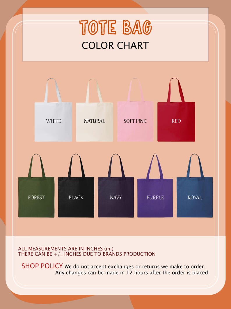 Może przedstawiać: Karta kolor&oacute;w toreb typu tote w r&oacute;żnych kolorach: białym, naturalnym, jasnor&oacute;żowym, czerwonym, leśnym zielonym, czarnym, granatowym, fioletowym i kr&oacute;lewskim niebieskim. Tekst "TOTE BAG COLOR CHART" u g&oacute;ry.