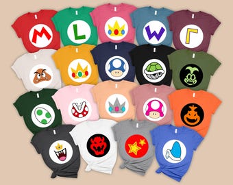 Super Mario Logo Family T-Shirts, Character Logo Birthday Party Shirts, Super Mario And Friends Logo Gaming Shirt, Mario Matching T-Shirts