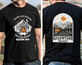 Personalized Mountain Vacation T-Shirt, Custom Family Trip Shirts, 2 Sides Camping Trip Shirt, Adventure Awaits Shirt, Family Vacation 2026