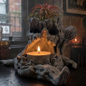 May include: A grey, textured tree stump candle holder with a hollow center containing a lit white tea light candle. A small air plant with reddish-green leaves sits in the top opening of the stump, which features a gnarled, bark-like surface.