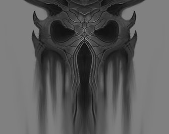 Dark Skull Digital Art File – Gothic Demon Illustration – Surreal Horror Wall Art Download – Monochrome