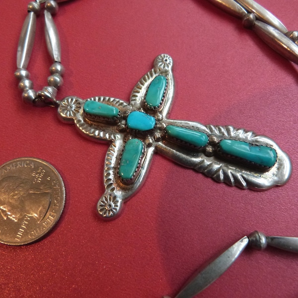 Vintage Native American Zuni L. Iule Sterling Silver Turquoise Cross Bead Necklace