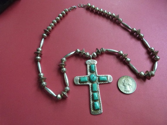 Very Rare Native American Navajo Turquoise Sterling Silver Rosary Christian Necklace Very Rare Native American Navajo Turquoise Sterling Silver Rosary Christian Necklace