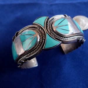 Vintage Sterling Silver Navajo Cuff Bracelet Sleeping Beauty Turquoise Inlay