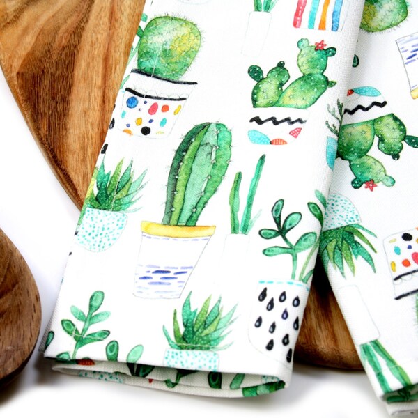 Succulents Tea Towel, Cacti Kitchen Decor, Watercolour llustration, Plant Kitchenware, Succulent Gift