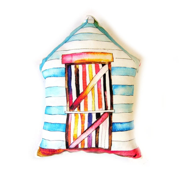 Mini Beach Hut Cushion, Illustrated Seaside Pillow, Coastal Decor, Miniature Beach Hut