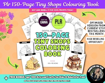 Libro da colorare Tiny Shops da 150 pagine, modello Canva modificabile, diritti di rivendita PLR, pacchetto di pagine da colorare Kawaii Cute Shops