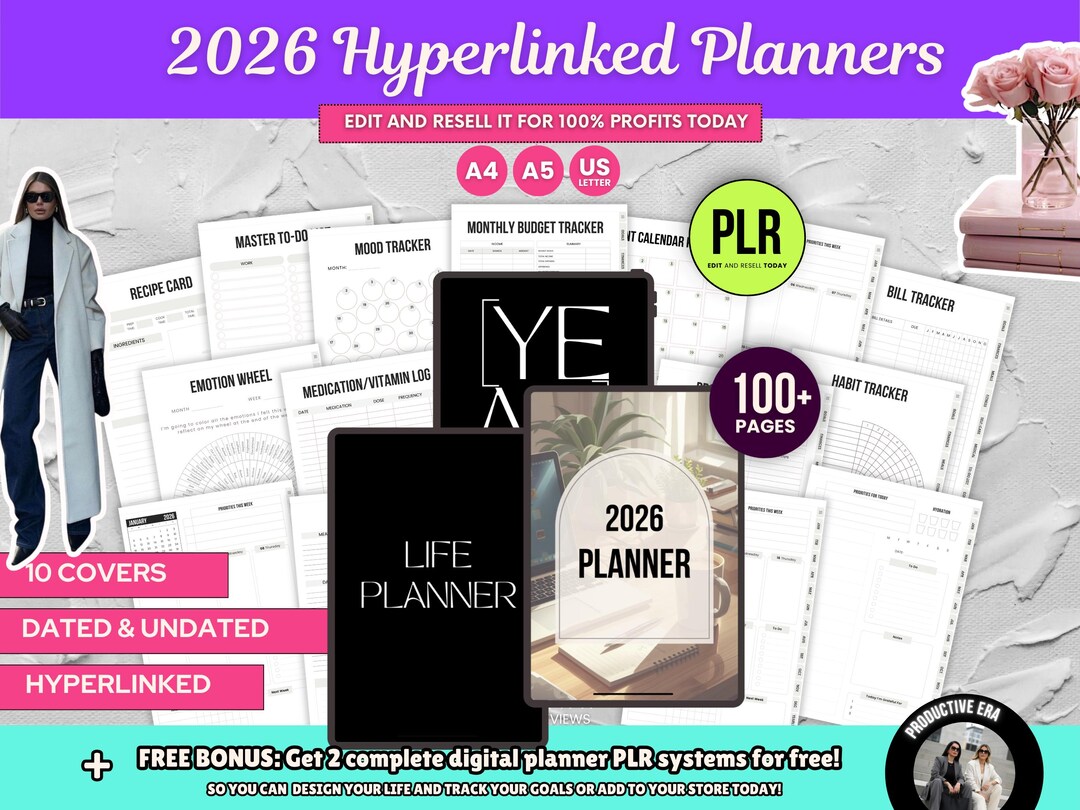 2026 Hyperlinked Digital Planner Bundle PLR | Canva A4 A5 US Letter ...