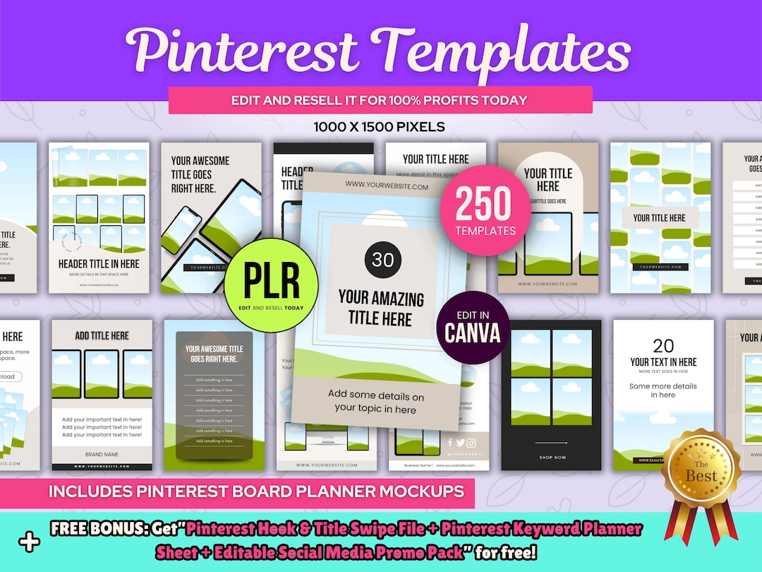 250 Pinterest Pin Templates Canva PLR, Editable Pin Template Bundle ...