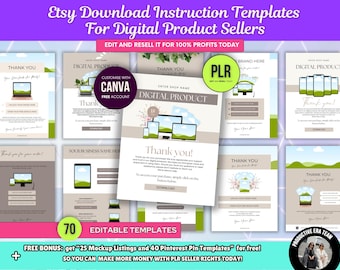 Paquete de 70 plantillas de instrucciones de descarga de Etsy, herramientas editables de Canva para tiendas online para la entrega de productos digitales y páginas de agradecimiento (derechos de reventa PLR).