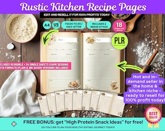 Rustic Kitchen Recipe Pages Canva Template PLR Bundle, Editable Recipe Book Printable, Farmhouse Cooking Journal PDF to Resell