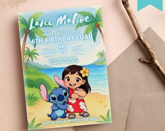 Lilo and Stitch-verjaardagsuitnodiging: Luau Beach Party, bewerkbare canvassjabloon (digitale download)