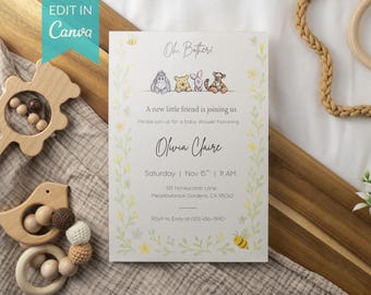 Winnie de Poeh-babyshoweruitnodiging: bewerkbare canvassjabloon (5 x 7 downloadbare uitnodiging)