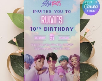 Saja Boys KPop Demon Hunters-verjaardagsuitnodiging | Bewerkbare canvassjabloon | Anime-uitnodiging Jinu Kpop | Digitale download | Afdrukbare kinderkaart