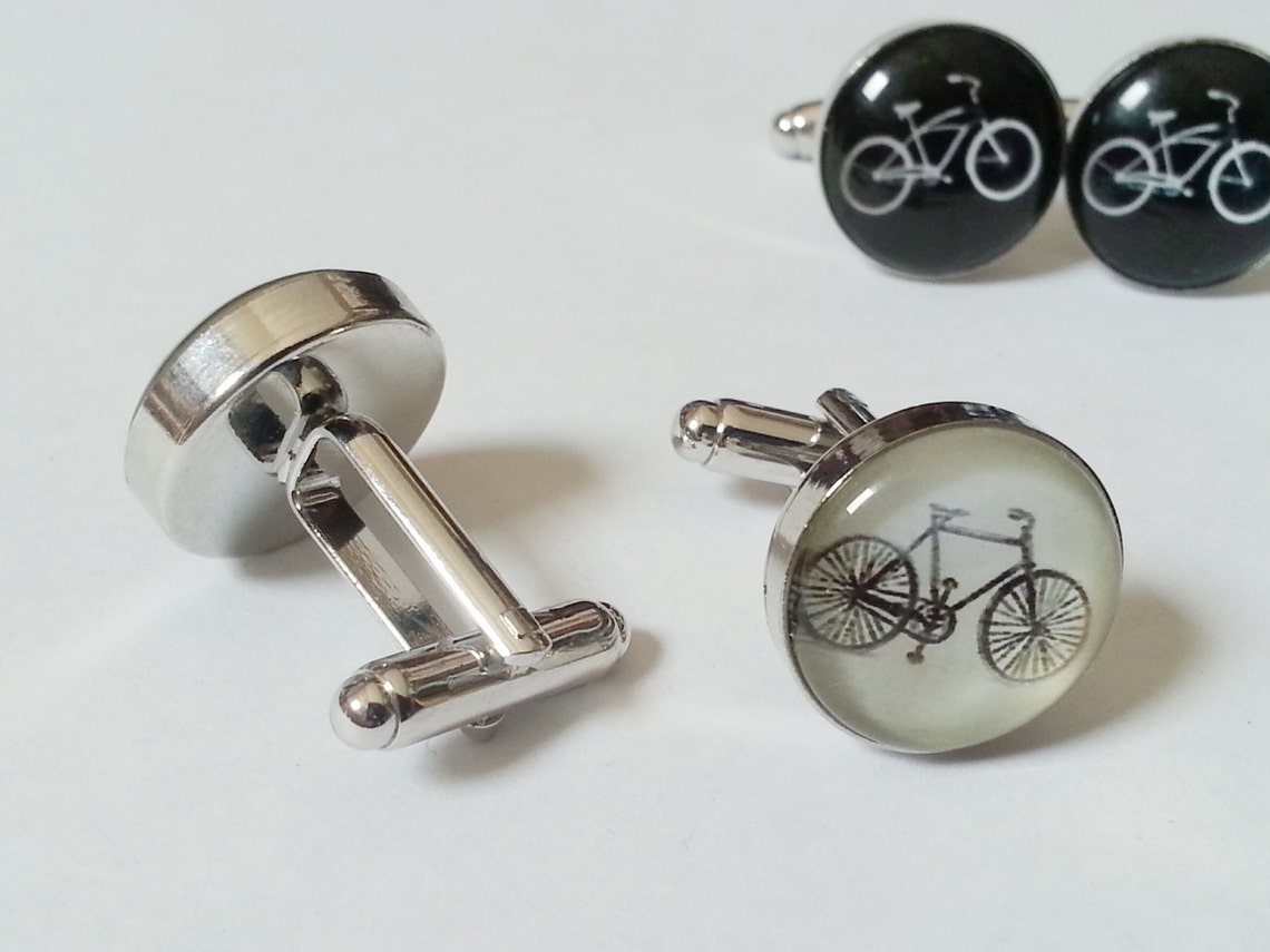 Boutons De Manchette Vintage Motif Tandem Bicycle - Couleur Argenté - Occasion, Pour Homme
