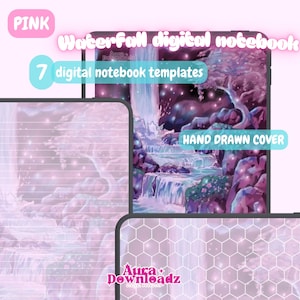 May include: Digital notebook with a pink waterfall theme. The cover is hand-drawn and features a waterfall scene with a pink and purple color palette. Includes 7 digital notebook templates. The text "Pink" and "Waterfall digital notebook" are displayed.