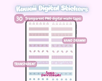 Kawaii Digital Washi Tape Stickers | Hand Drawn, Pastel Fruit (30 PNGs)