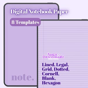 Può includere: Due schermi di tablet digitali che mostrano modelli di carta per quaderni color viola chiaro. Il testo recita Digital Notebook Paper, 8 Templates, Aura Downloadz, ed elenca Lined, Legal, Grid, Dotted, Cornell, Blank e Hexagon. La parola note è visibile.