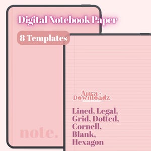 Può includere: Due schermi di tablet digitali che mostrano modelli di carta per quaderni rosa. Il testo recita Digital Notebook Paper, 8 Templates, Aura Downloadz, e un elenco di stili tra cui Lined, Legal, Grid, Dotted, Cornell, Blank e Hexagon.