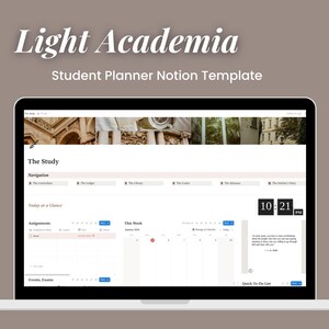 Könnte beinhalten: Ein Laptop zeigt eine Notion-Vorlage für einen Studentenplaner. Der Bildschirm zeigt einen Kalender, eine To-Do-Liste und Navigationslinks. Der Text "Light Academia" und "Student Planner Notion Template" sind zu sehen.