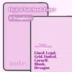 Può includere: Due schermi di tablet digitali che mostrano modelli di carta per quaderni color viola chiaro. Il testo recita Digital Notebook Paper, 8 Templates, Aura Downloadz, ed elenca gli stili Lined, Legal, Grid, Dotted, Cornell, Blank e Hexagon.