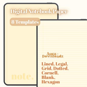 Può includere: Due schermi di tablet digitali che mostrano modelli di carta per quaderni color crema. Il testo recita Digital Notebook Paper, 8 Templates, note., Aura Downloadz, Lined, Legal, Grid, Dotted, Cornell, Blank e Hexagon in caratteri marroni e bianchi.