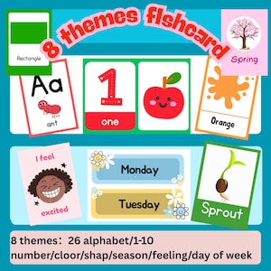 8 themes Preschool kindergarden Flashcards for Toddlers | Alphabet, Numbers, Shapes, Colors... | Educational Printable for Home & Classroom