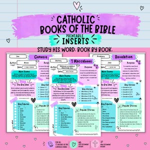Puede incluir: Un conjunto de insertos imprimibles para el estudio de la Biblia católica con tres páginas tituladas Génesis, 1 Macabeos y Apocalipsis. Cada página incluye secciones para autor, fecha, tema principal, idea central, figuras clave y versículos.