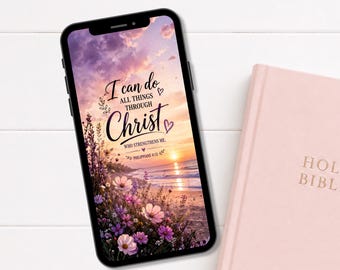 Papel de parede cristão para celular – Filipenses 4:13 Praia ao pôr do sol com flores (Download digital)