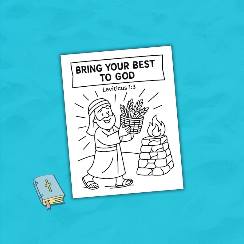 K&ouml;nnte beinhalten: Schwarz-Wei&szlig;-Illustration einer biblischen Szene mit dem Text "BRING YOUR BEST TO GOD" und "Levitikus 1:3". Ein Mann tr&auml;gt einen Korb mit Weizen zu einem steinernen Altar mit einer Flamme. Ein kleines Buch mit einem Kreuz befindet sich in der Ecke.
