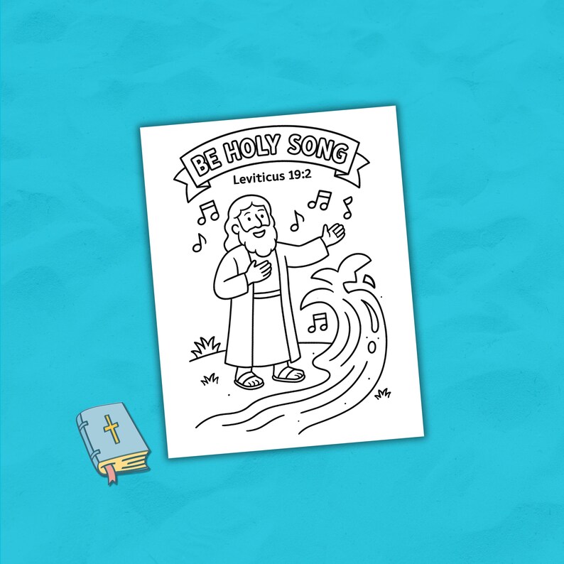 K&ouml;nnte beinhalten: Schwarz-Wei&szlig;-Illustration einer biblischen Szene mit einem singenden Mann, umgeben von Noten und Wasser. Der Text "BE HOLY SONG" und "Levitikus 19,2" stehen oben. Ein kleines Buch mit einem Kreuz befindet sich unten links.