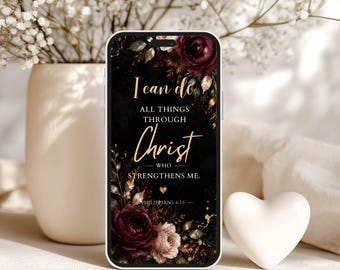 Filipenses 4:13 Papel de Parede Floral Escuro para Celular – Tela de Bloqueio com Versículo em Dourado (Download Digital)