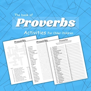 May include: A set of activity sheets for older children, featuring the book of Proverbs. The sheets include crossword puzzles, word searches, and word jumbles. The background is a light blue with a geometric pattern.