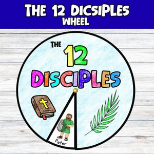 Op de afbeelding: Een kleurrijk wiel met de tekst "THE 12 DICSIPLES WHEEL" bovenaan. Het wiel toont de woorden "THE 12 DISCIPLES" in levendige kleuren. Illustraties zijn onder meer een bijbel, een man met een visnet met het label "Peter" en een palmblad.