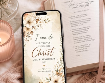 Papel de parede cristão para celular - Tela de bloqueio com versículo bíblico floral, papel de parede neutro de fé, Filipenses 4:13