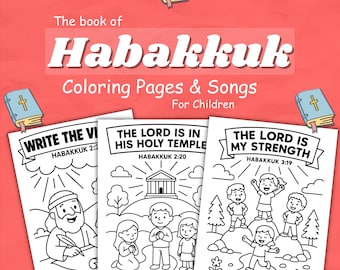 Puede incluir: Un conjunto de páginas para colorear y canciones para niños titulado "El libro de Habacuc". Las páginas presentan dibujos lineales con textos de Habacuc 2:7, 2:20 y 3:19. El fondo es de color coral con ilustraciones de libros.