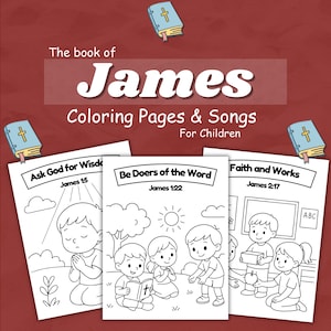 Puede incluir: Imagen promocional de páginas para colorear y canciones para niños basadas en el libro de Santiago. El título se muestra en letras grandes y blancas. Se muestran tres páginas para colorear, cada una con un versículo bíblico diferente e ilustraciones de niños.