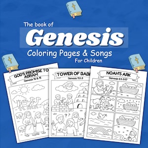 Puede incluir: Un conjunto de páginas para colorear y canciones para niños, con ilustraciones del Libro del Génesis. Las páginas incluyen escenas de "La promesa de Dios a Abraham", "Torre de Babel" y "Arca de Noé", con texto.