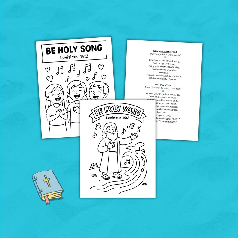 K&ouml;nnte beinhalten: Drei Schwarz-Wei&szlig;-Malvorlagen mit dem Text "BE HOLY SONG Leviticus 19:2" und Illustrationen von singenden Kindern und einer biblischen Figur. Ein kleines blaues Buch mit einem goldenen Kreuz ist ebenfalls zu sehen.