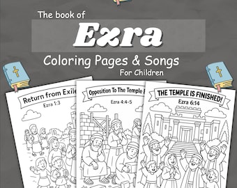 以下が含まれることがあります： The book of Ezra Coloring Pages & Songs For Childrenというタイトルのデジタルコレクション。Return from Exile、Opposition To The Temple、THE TEMPLE IS FINISHEDというテキストが添えられた、聖書の場面を描いた3枚の白黒線画イラスト。